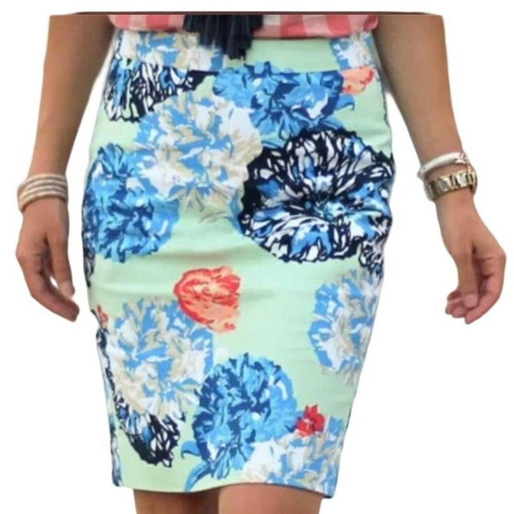J. Crew Pencil Skirt in 100% Cotton Floral Peony Print - Green/Blue/Orange - 10
